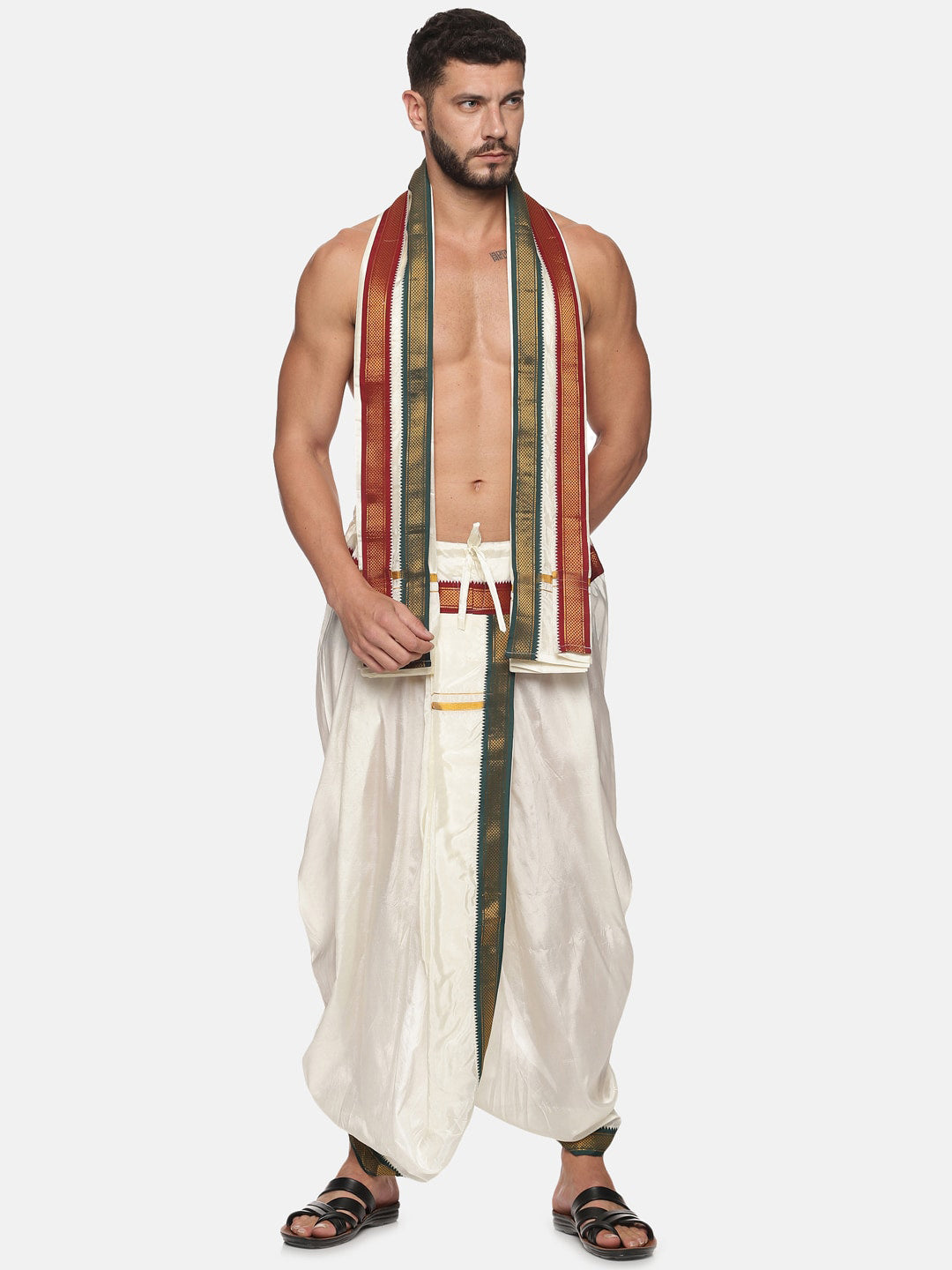 Sethukrishna Men Cream Solid Readymade Dhoti Pants With Angavastram | Swadesiicart