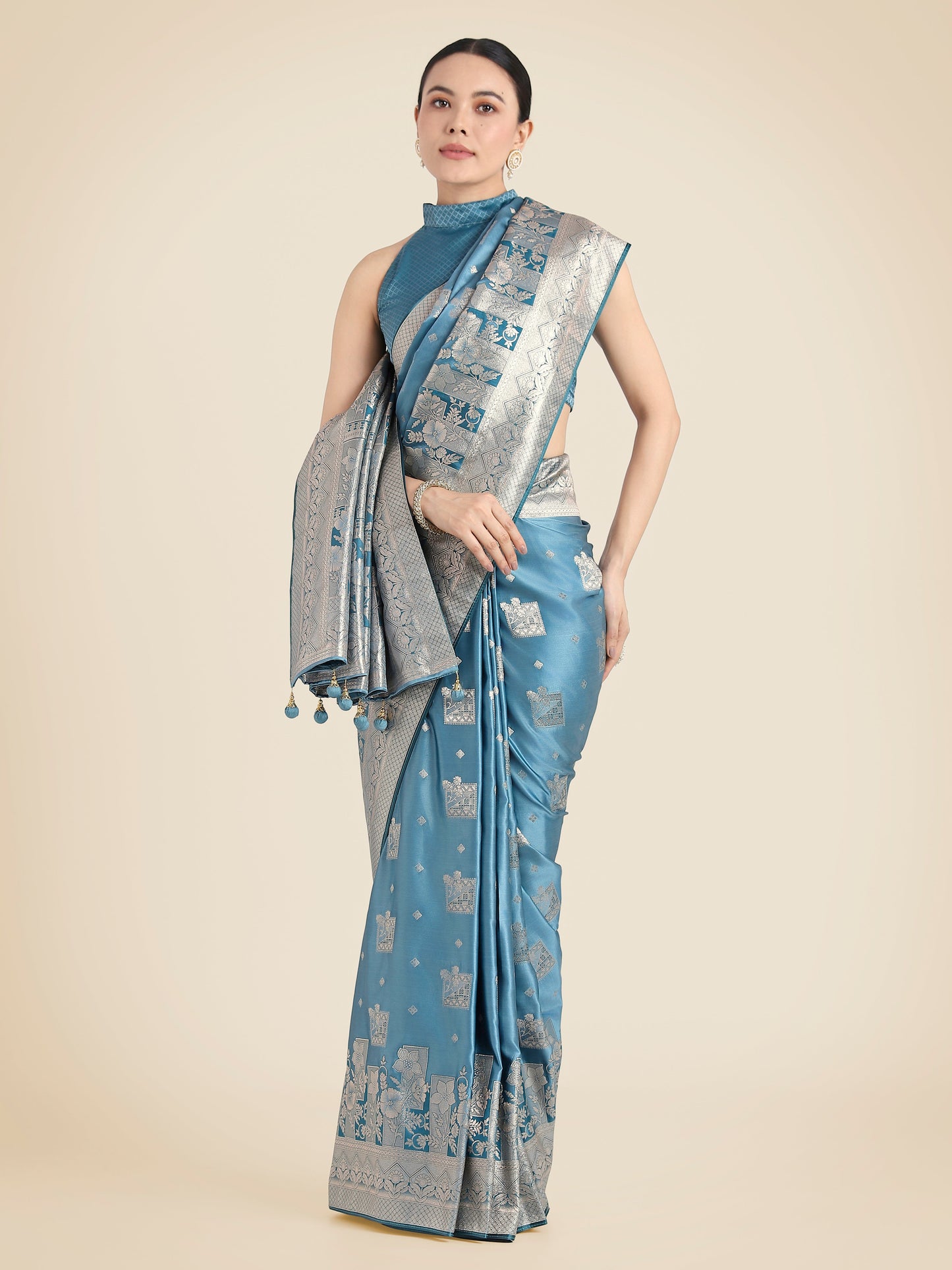 Monjolika Fashion Cyan blue Pink Color Banarasi Satin Silk Zari Weaving Festival Saree | Swadesiicart