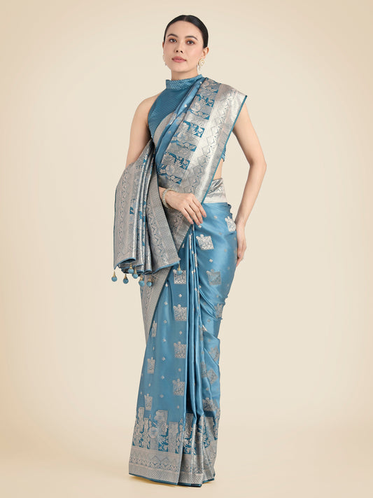 Monjolika Fashion Cyan blue Pink Color Banarasi Satin Silk Zari Weaving Festival Saree | Swadesiicart