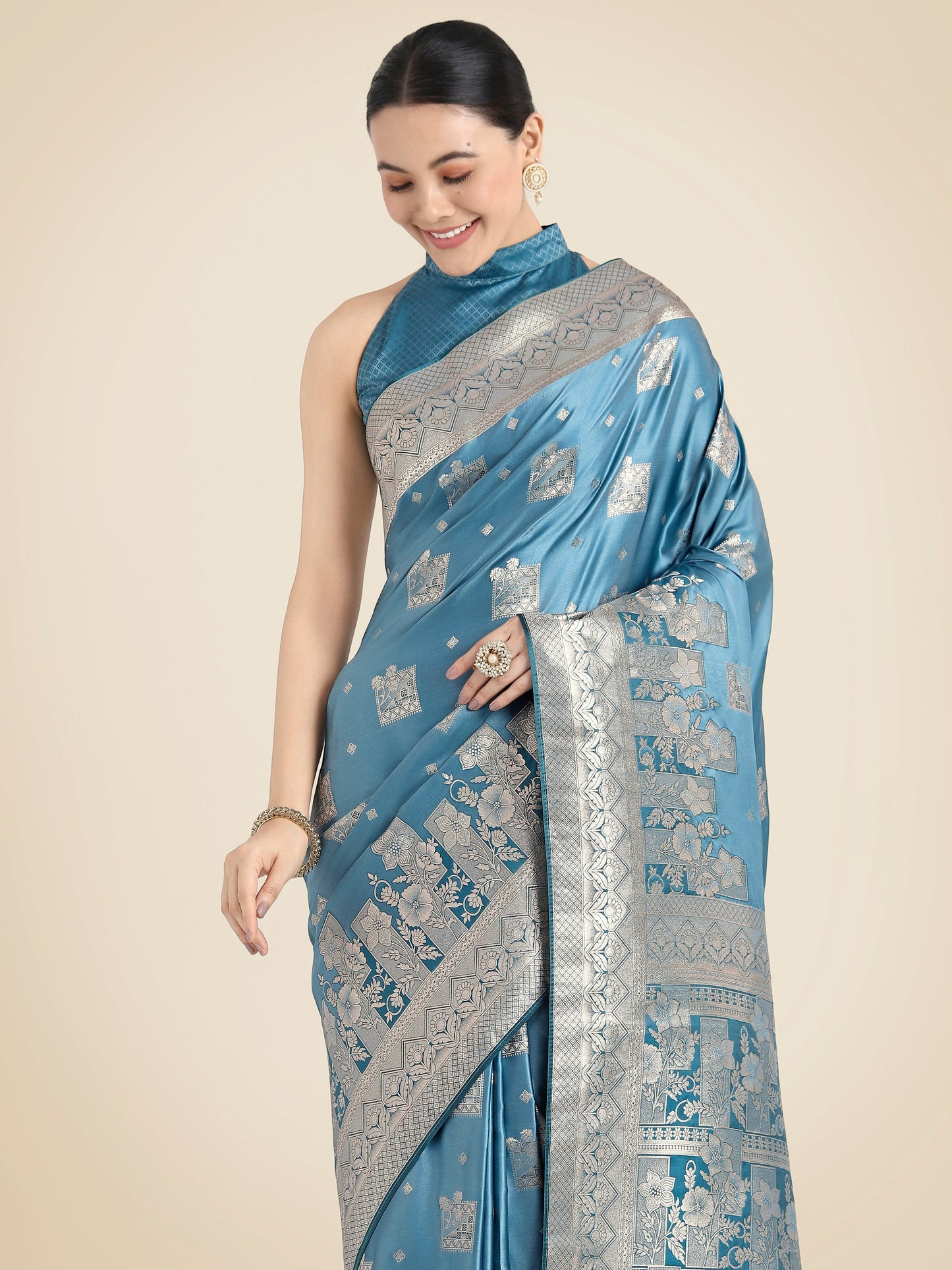 Monjolika Fashion Cyan blue Pink Color Banarasi Satin Silk Zari Weaving Festival Saree | Swadesiicart