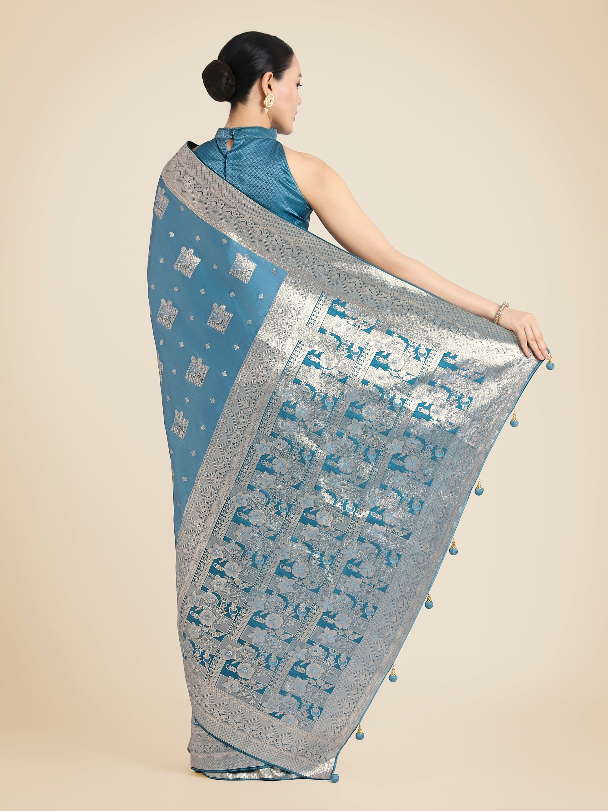 Monjolika Fashion Cyan blue Pink Color Banarasi Satin Silk Zari Weaving Festival Saree | Swadesiicart