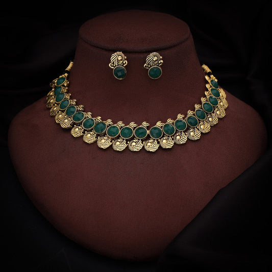 Tehzeeb Creations Green Colour Gold-Polished Stone Jewellery Choker Necklace Set With Matching Pair of Stud Earrings - Swadesiicart