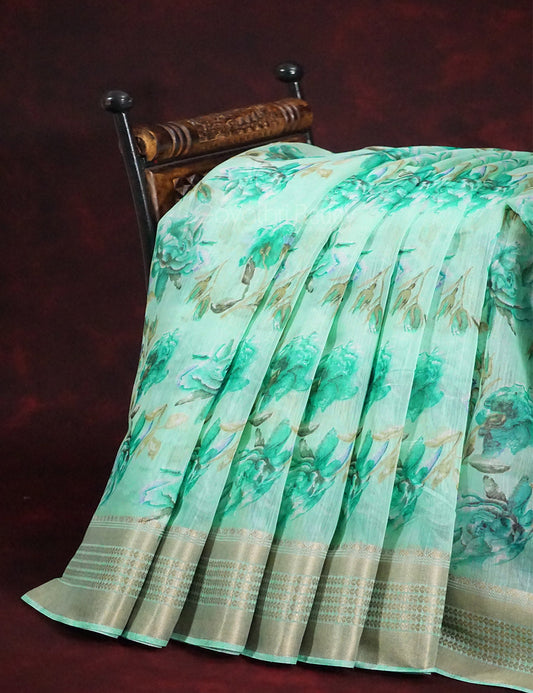 Shades of Mint Green Colour Printed Semi Chanderi Saree By Gayathri Reddy Designer Studio | Swadesiicart
