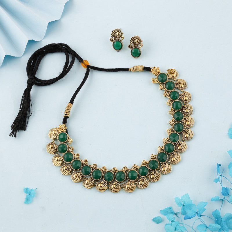 Tehzeeb Creations Green Colour Gold-Polished Stone Jewellery Choker Necklace Set With Matching Pair of Stud Earrings - Swadesiicart