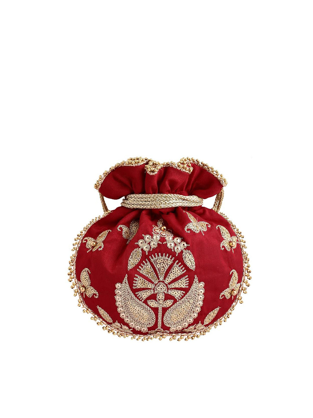 Masq Red & Gold-Toned Embellished Embroidered Potli Clutch - Swadesiicart