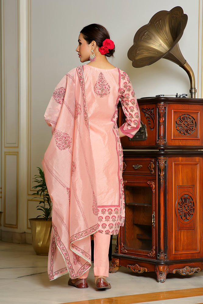 Vaasva Women Orange Chanderi Block Printed Embroidered Kurta Set With Solid Pants & Dupatta | Swadesiicart