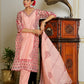 Vaasva Women Orange Chanderi Block Printed Embroidered Kurta Set With Solid Pants & Dupatta | Swadesiicart