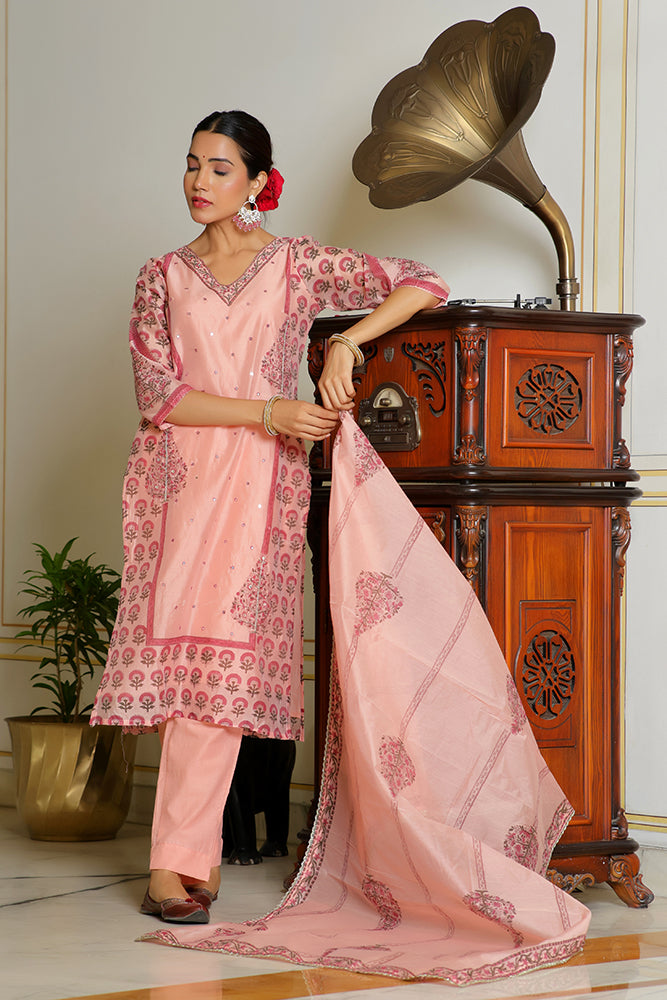 Vaasva Women Orange Chanderi Block Printed Embroidered Kurta Set With Solid Pants & Dupatta | Swadesiicart