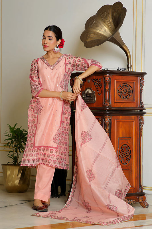 Vaasva Women Orange Chanderi Block Printed Embroidered Kurta Set With Solid Pants & Dupatta | Swadesiicart