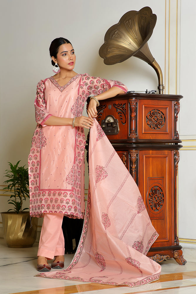 Vaasva Women Orange Chanderi Block Printed Embroidered Kurta Set With Solid Pants & Dupatta | Swadesiicart