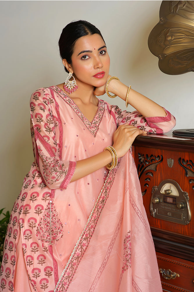 Vaasva Women Orange Chanderi Block Printed Embroidered Kurta Set With Solid Pants & Dupatta | Swadesiicart