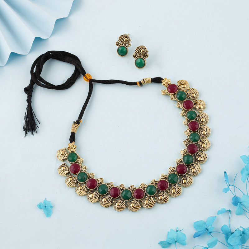 Tehzeeb Creations Green And Maroon Colour Gold-Polished Stone Jewellery Choker Necklace Set With Matching Pair of Stud Earrings - Swadesiicart