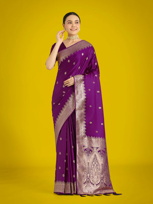 Monjolika Fashion Divine Purple Soft Banarasi Satin Silk Saree With Blouse Piece | Swadesiicart
