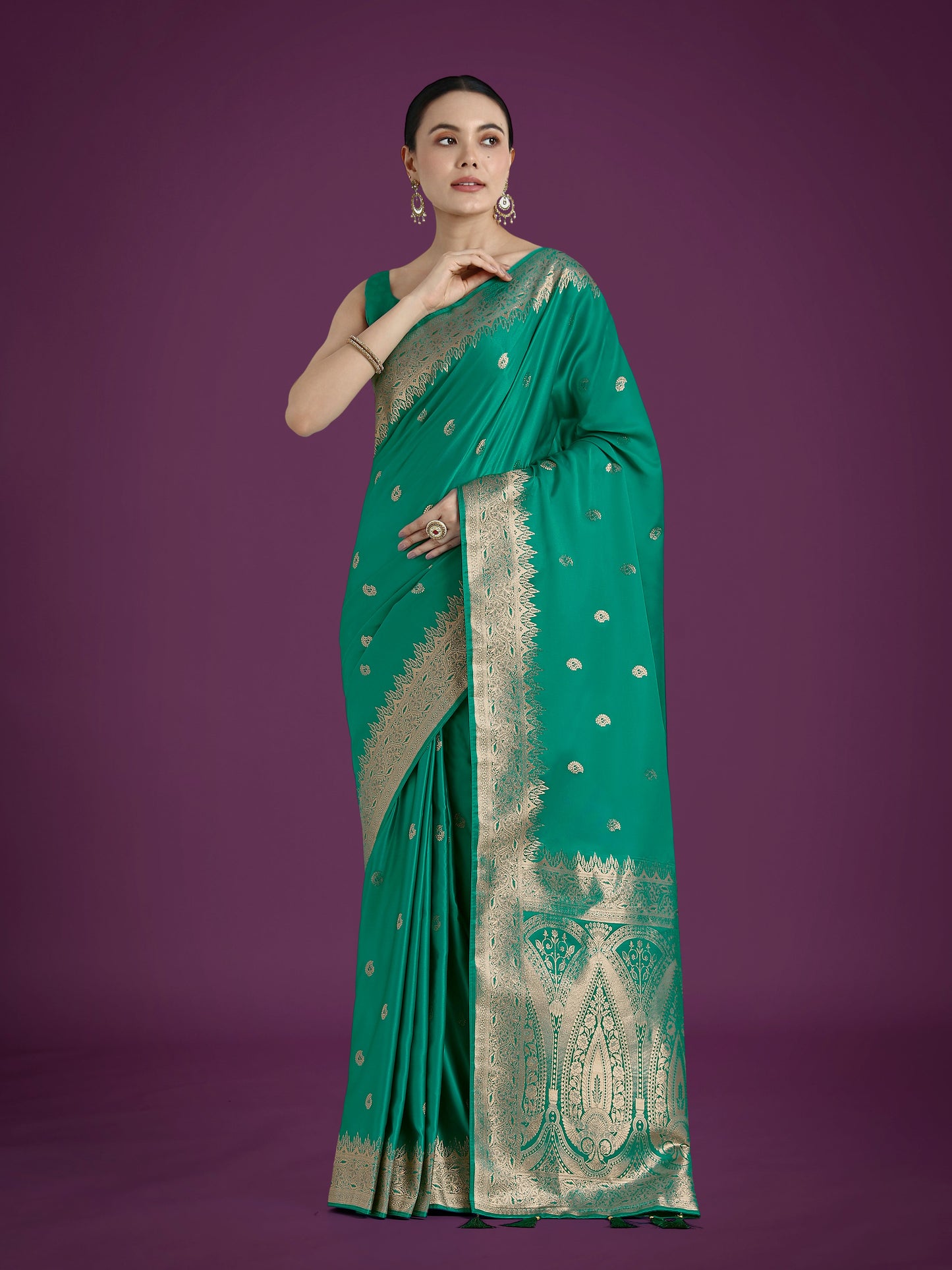 Monjolika Fashion Divine Turquoise Soft Banarasi Satin Silk Saree With Blouse Piece | Swadesiicart