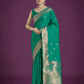 Monjolika Fashion Divine Turquoise Soft Banarasi Satin Silk Saree With Blouse Piece | Swadesiicart