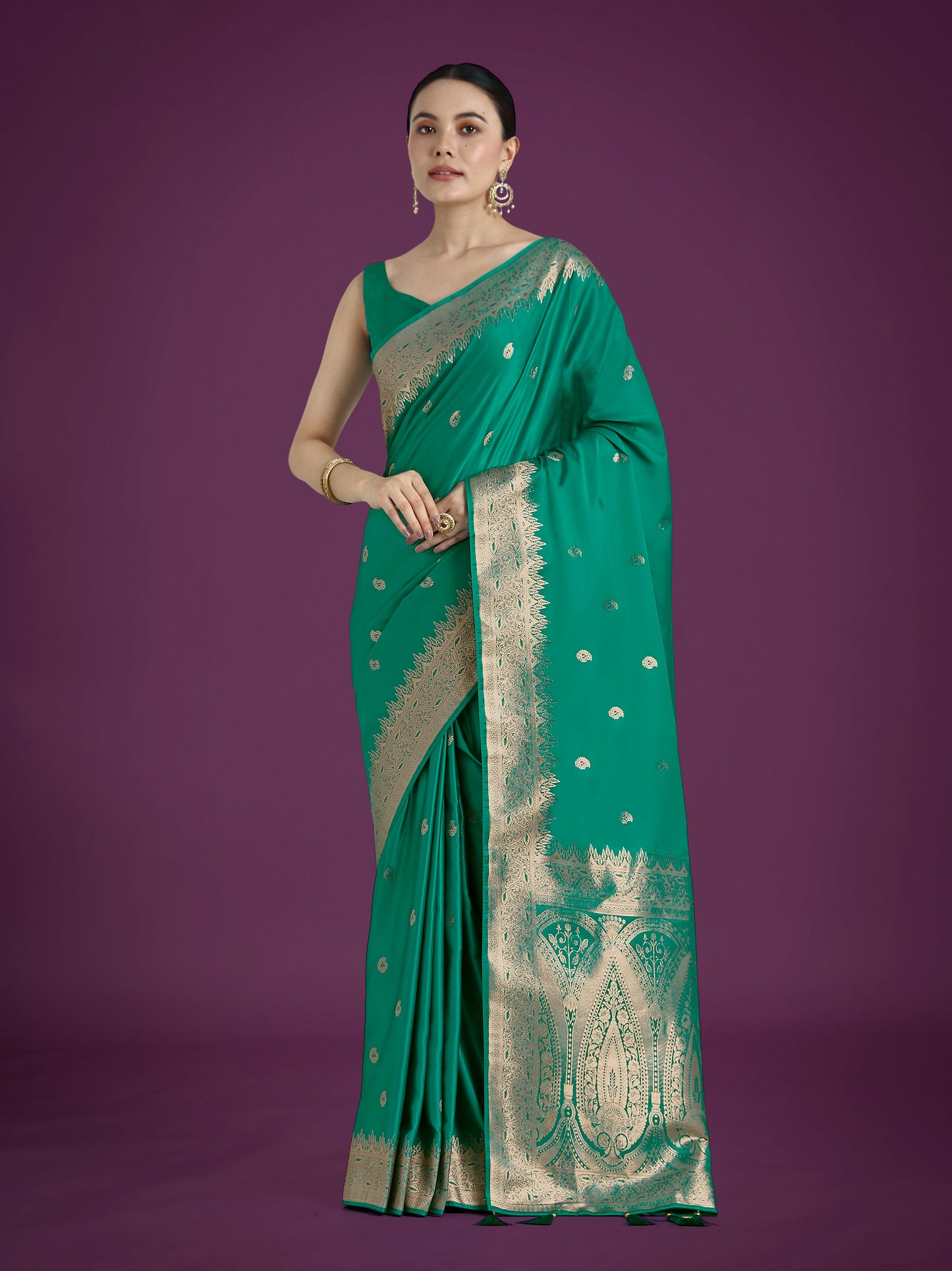 Monjolika Fashion Divine Turquoise Soft Banarasi Satin Silk Saree With Blouse Piece | Swadesiicart