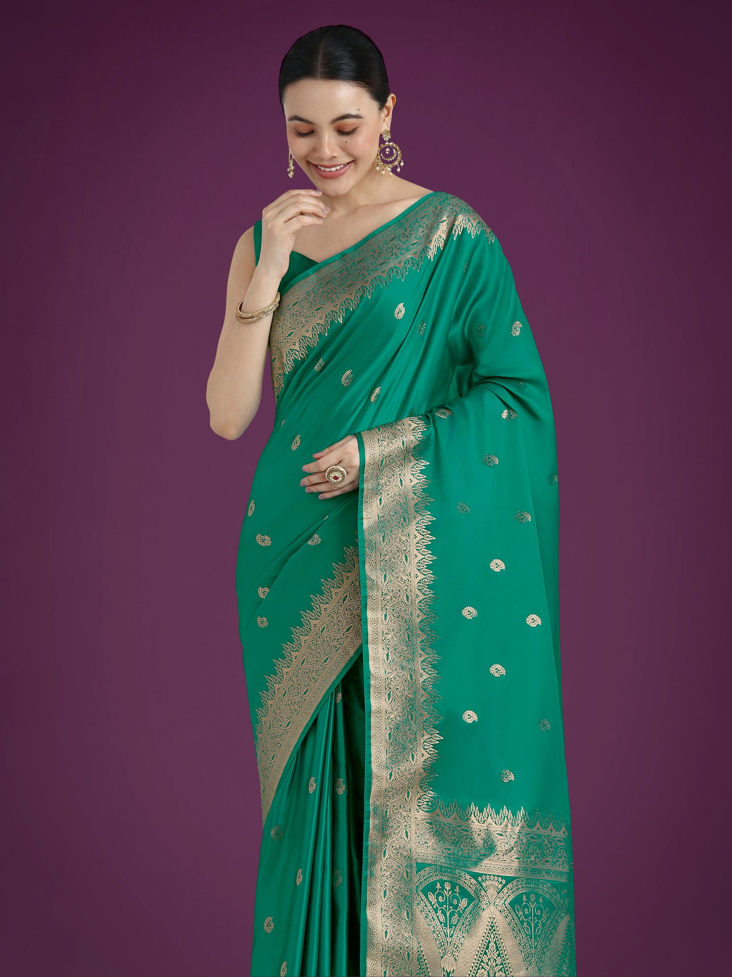 Monjolika Fashion Divine Turquoise Soft Banarasi Satin Silk Saree With Blouse Piece | Swadesiicart