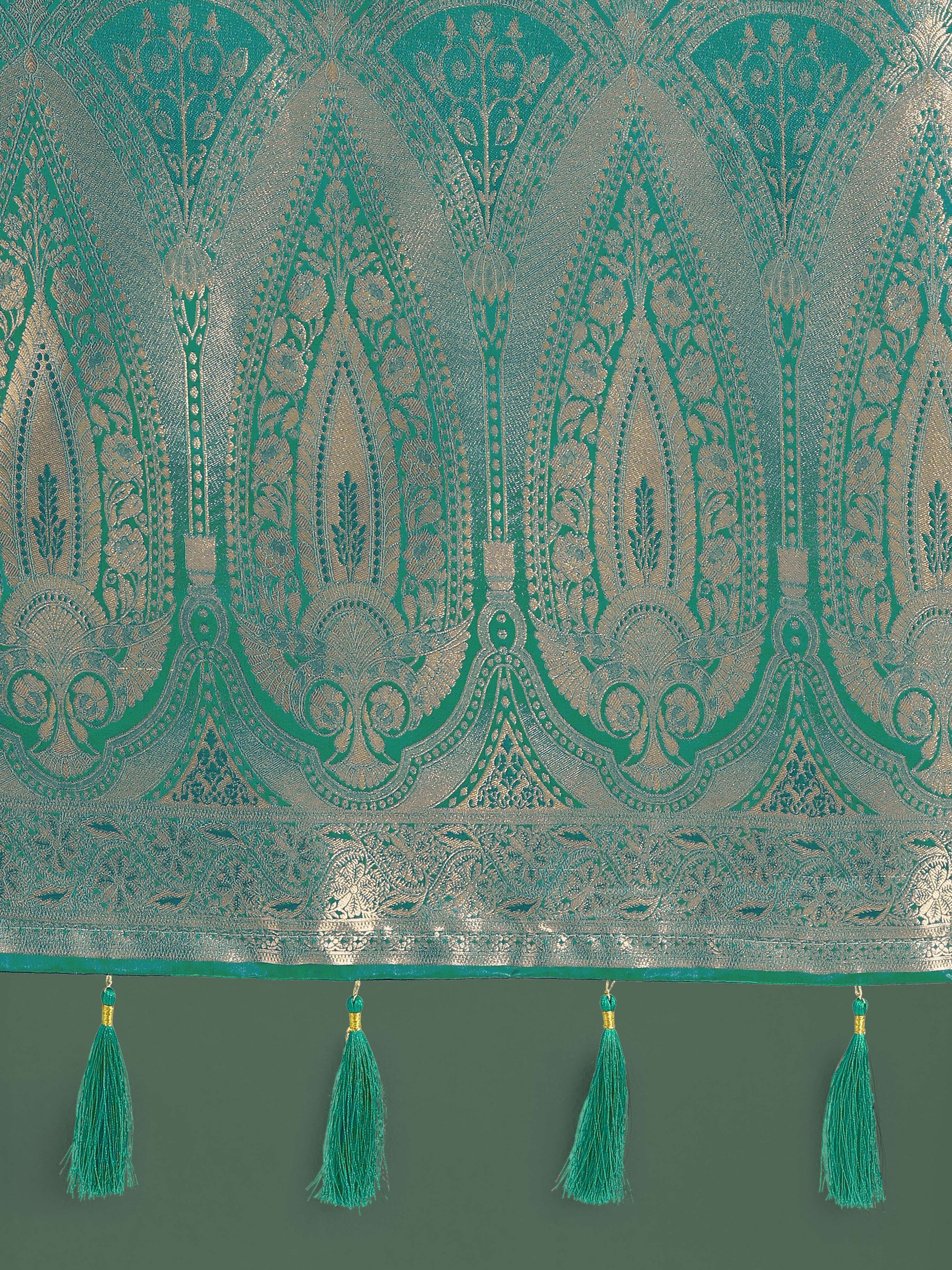 Monjolika Fashion Divine Turquoise Soft Banarasi Satin Silk Saree With Blouse Piece | Swadesiicart