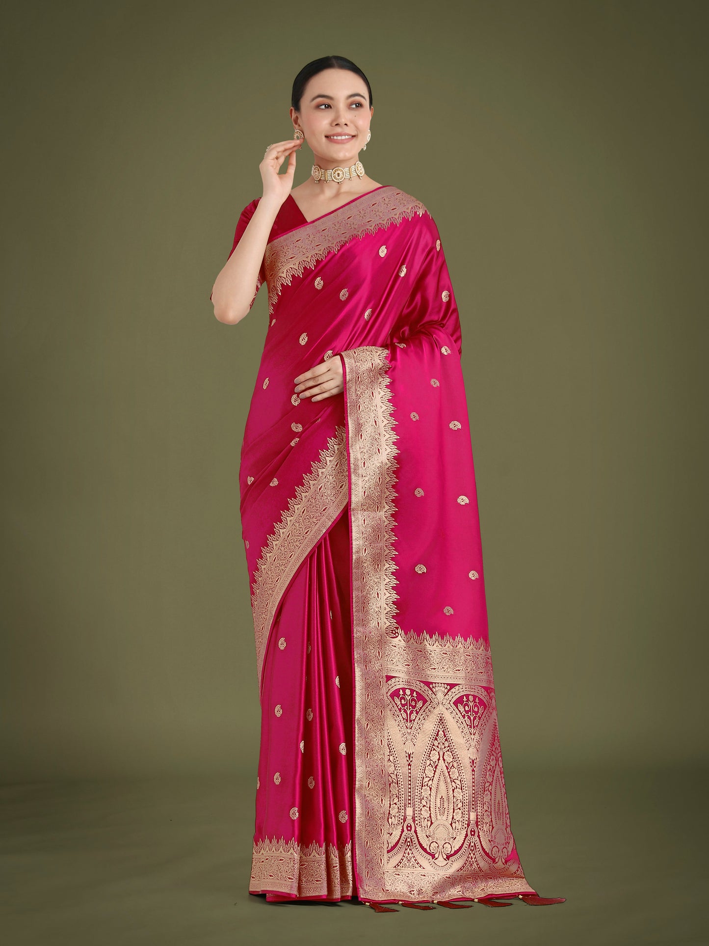 Monjolika Fashion Divine Rani Pink Soft Banarasi Satin Silk Saree With Blouse Piece | Swadesiicart