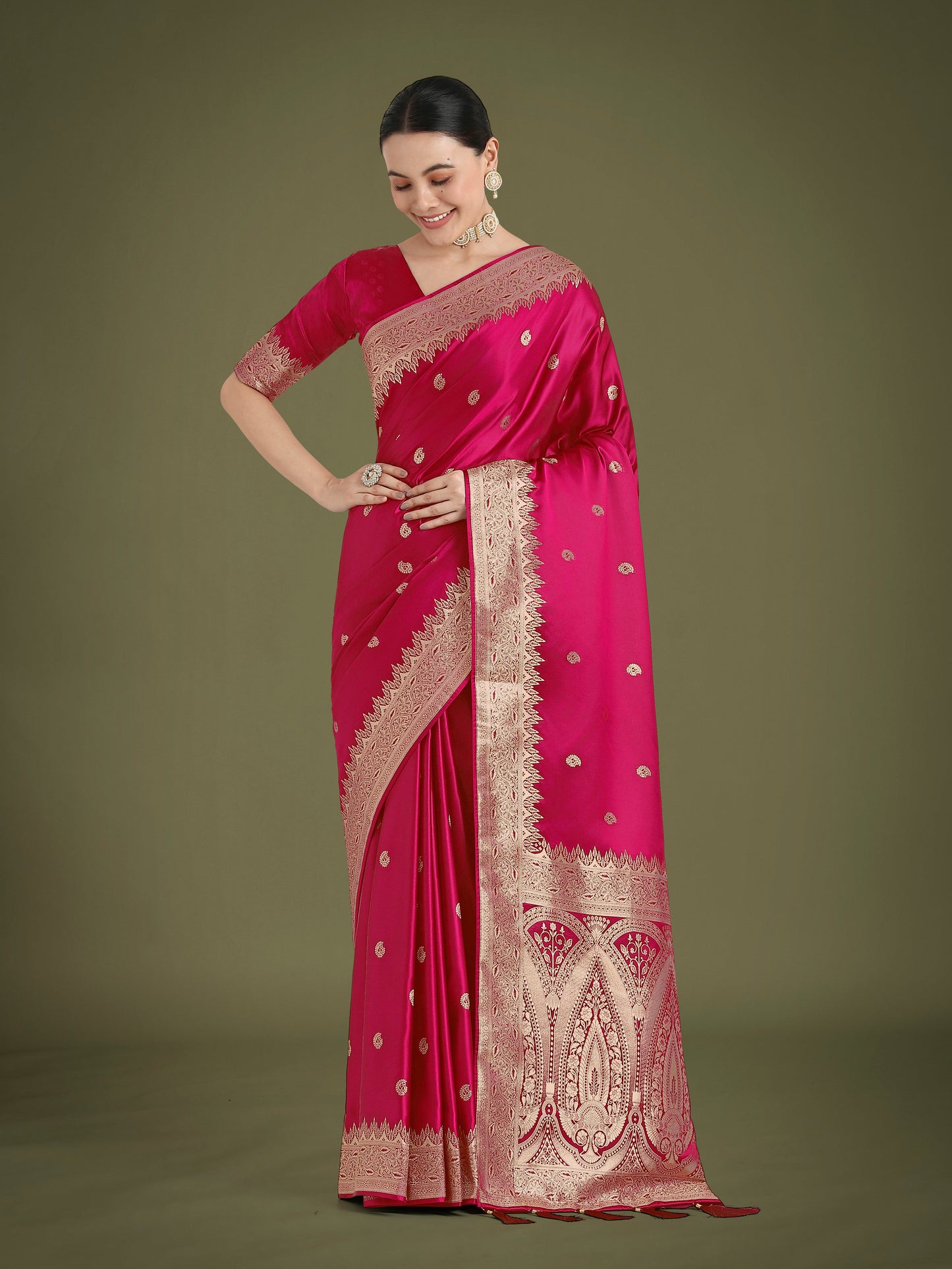 Monjolika Fashion Divine Rani Pink Soft Banarasi Satin Silk Saree With Blouse Piece | Swadesiicart