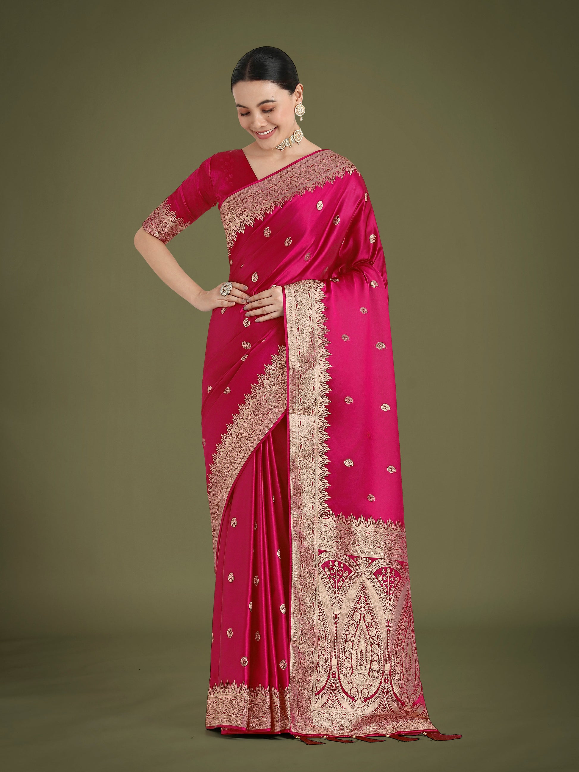 Monjolika Fashion Divine Rani Pink Soft Banarasi Satin Silk Saree With Blouse Piece | Swadesiicart