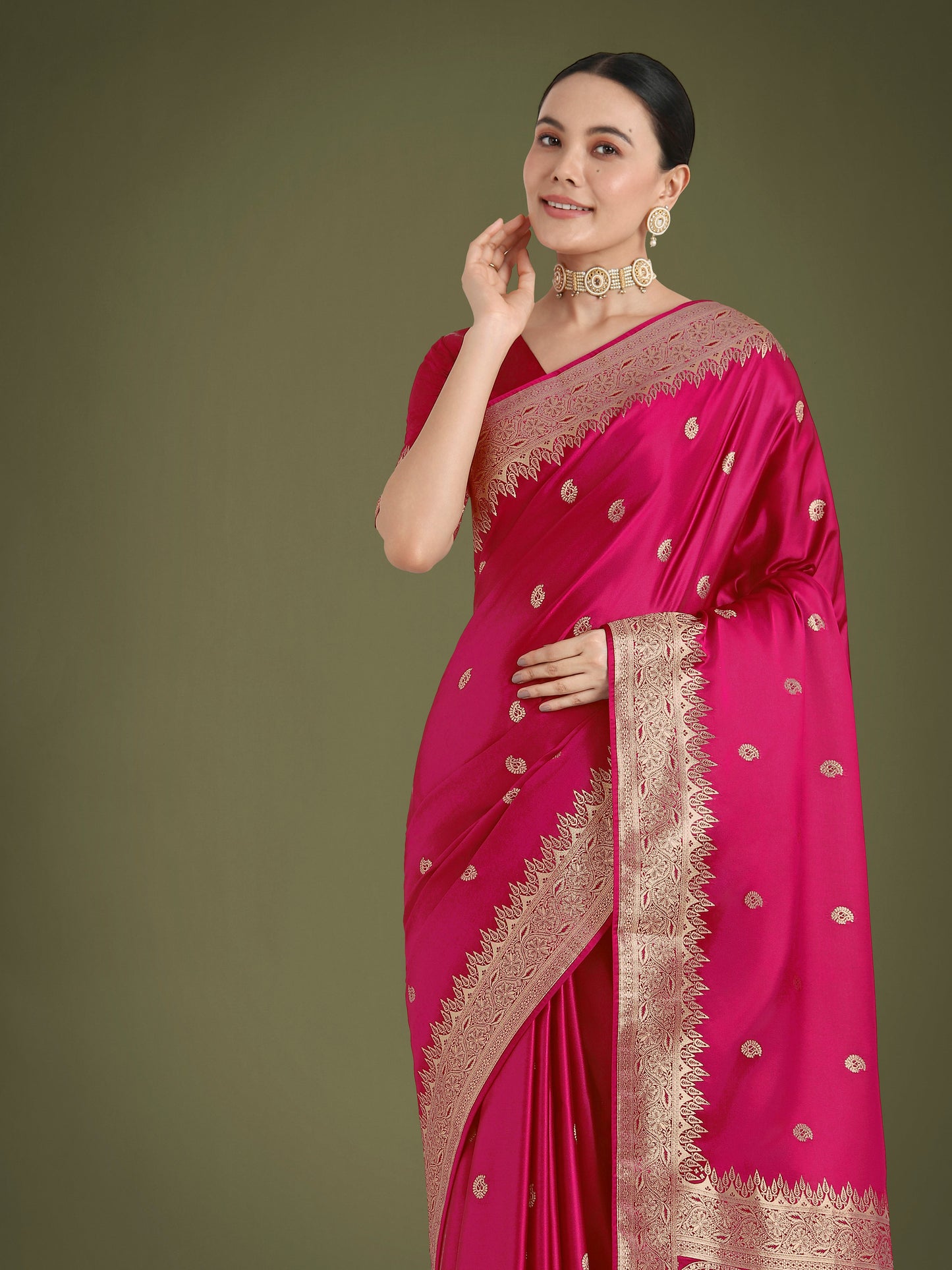 Monjolika Fashion Divine Rani Pink Soft Banarasi Satin Silk Saree With Blouse Piece | Swadesiicart