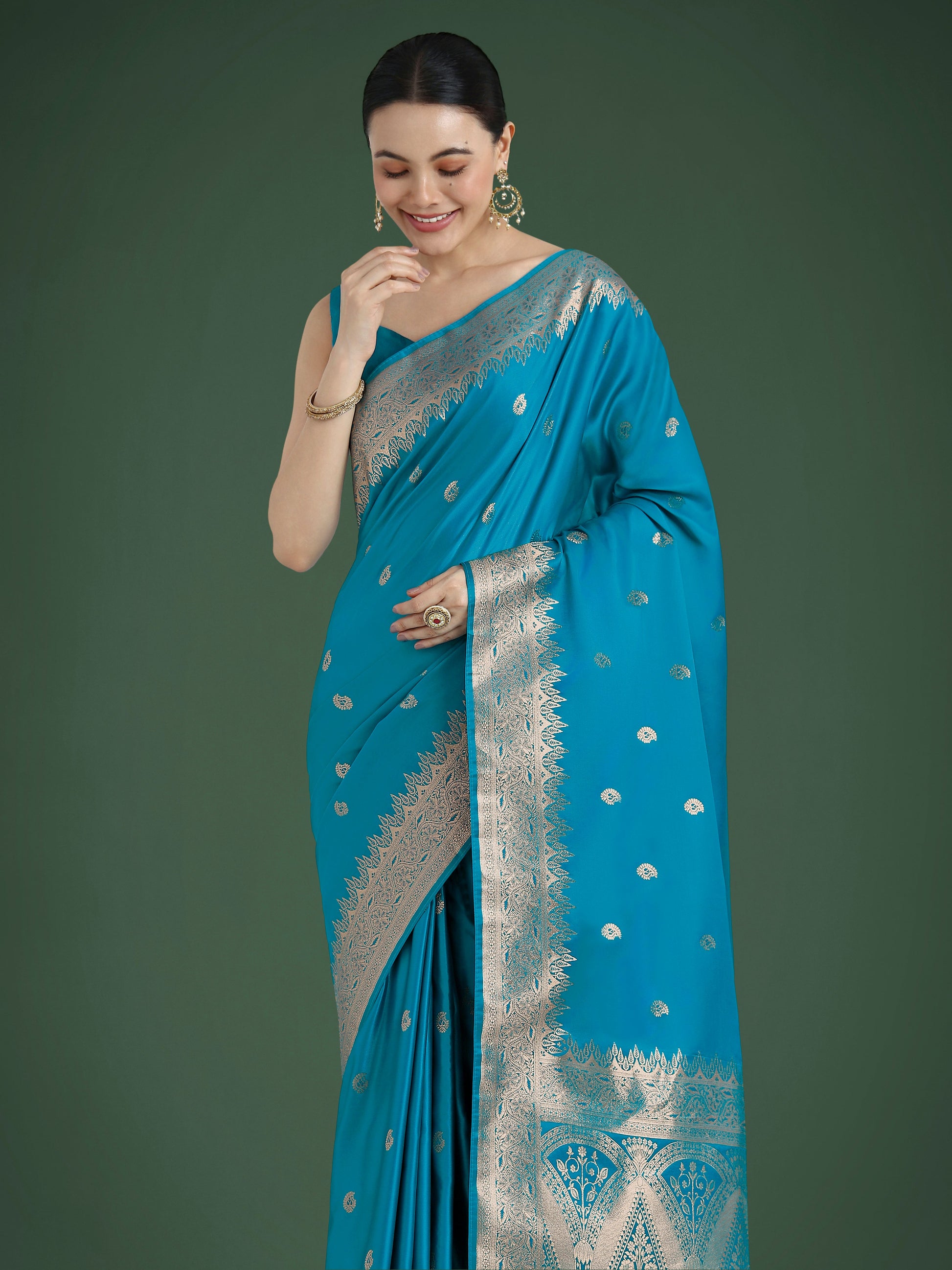 Monjolika Fashion Divine Cyan blue Soft Banarasi Satin Silk Saree With Blouse Piece | Swadesiicart