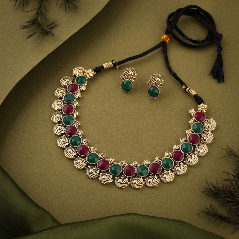 Tehzeeb Creations Green And Maroon Colour Gold-Polished Stone Jewellery Choker Necklace Set With Matching Pair of Stud Earrings - Swadesiicart