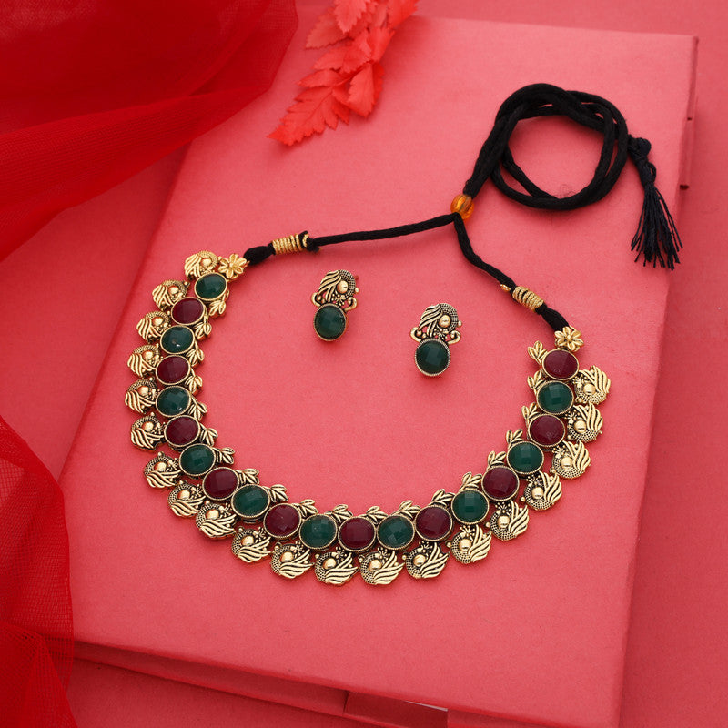 Tehzeeb Creations Green And Maroon Colour Gold-Polished Stone Jewellery Choker Necklace Set With Matching Pair of Stud Earrings - Swadesiicart
