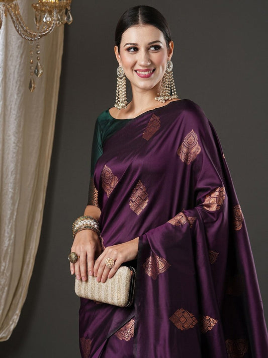 Anouk Purple & Gold-Toned Woven Design Zari Banarasi Saree | Swadesiicart