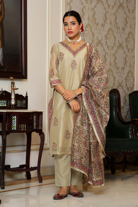 Vaasva Women Green Chanderi Block Printed Embroidered Kurta Set With Solid Pants & Dupatta | Swadesiicart