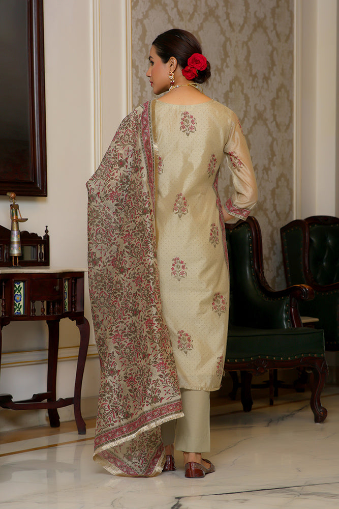 Vaasva Women Green Chanderi Block Printed Embroidered Kurta Set With Solid Pants & Dupatta | Swadesiicart
