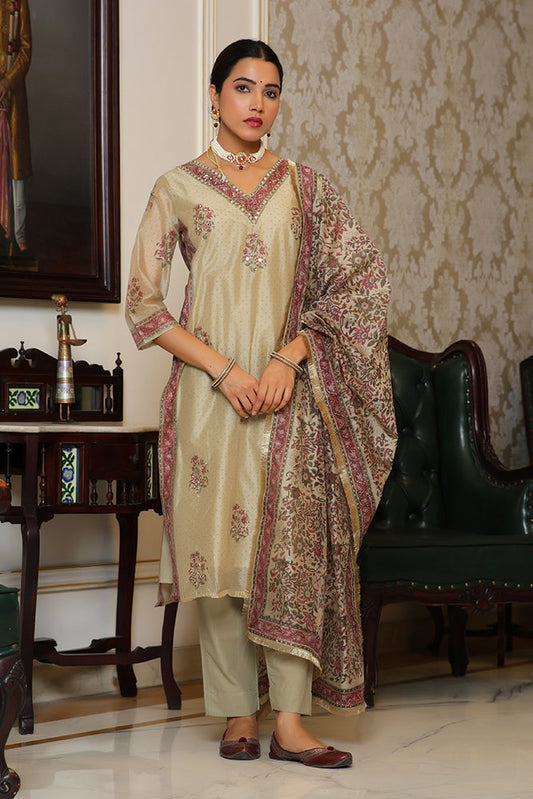 Vaasva Women Green Chanderi Block Printed Embroidered Kurta Set With Solid Pants & Dupatta | Swadesiicart