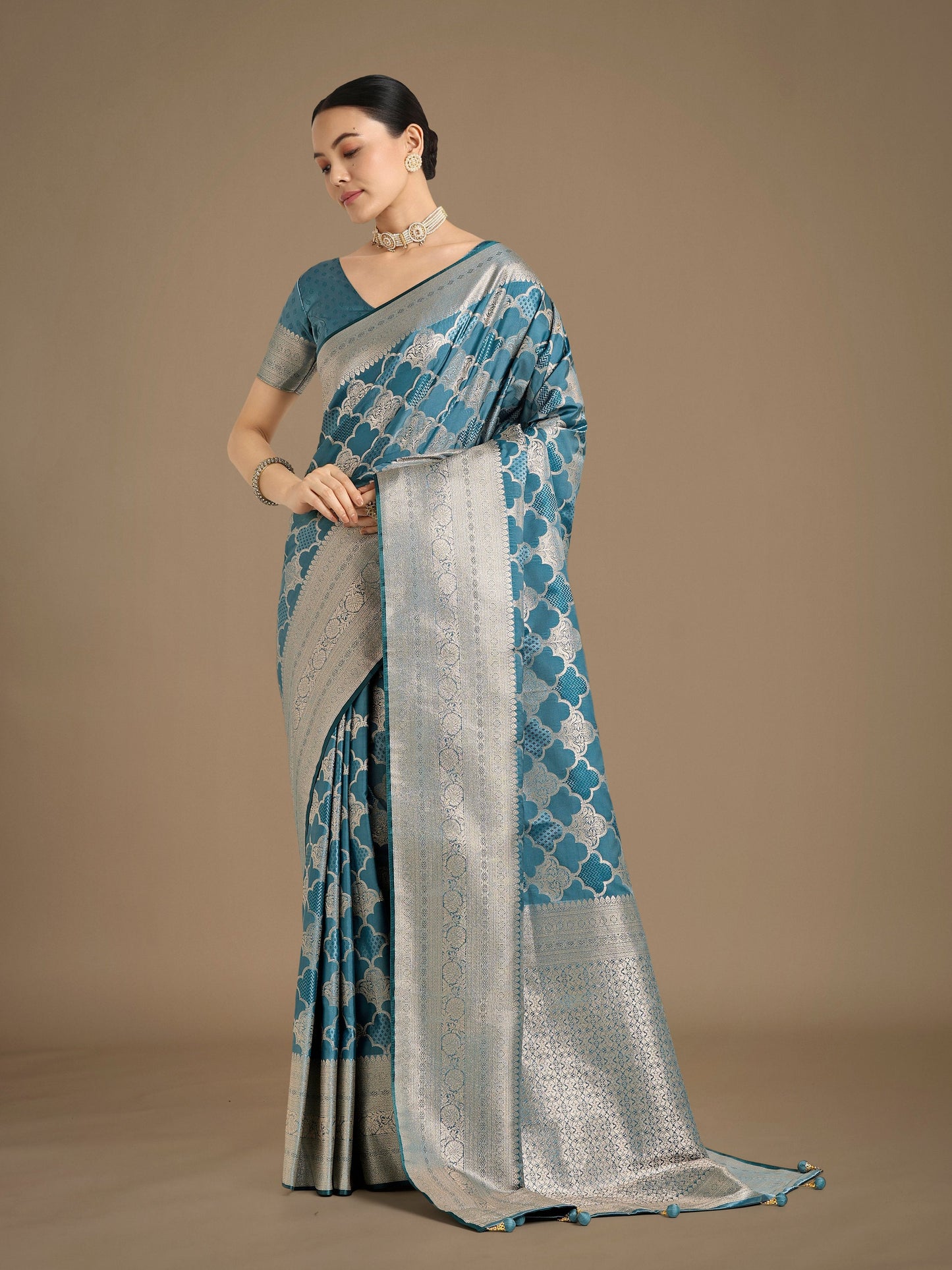 Monjolika Fashion Cyan blue Banarasi Satin Silk Saree with Rich Zari Woven Pallu & Blouse Piece | Swadesiicart