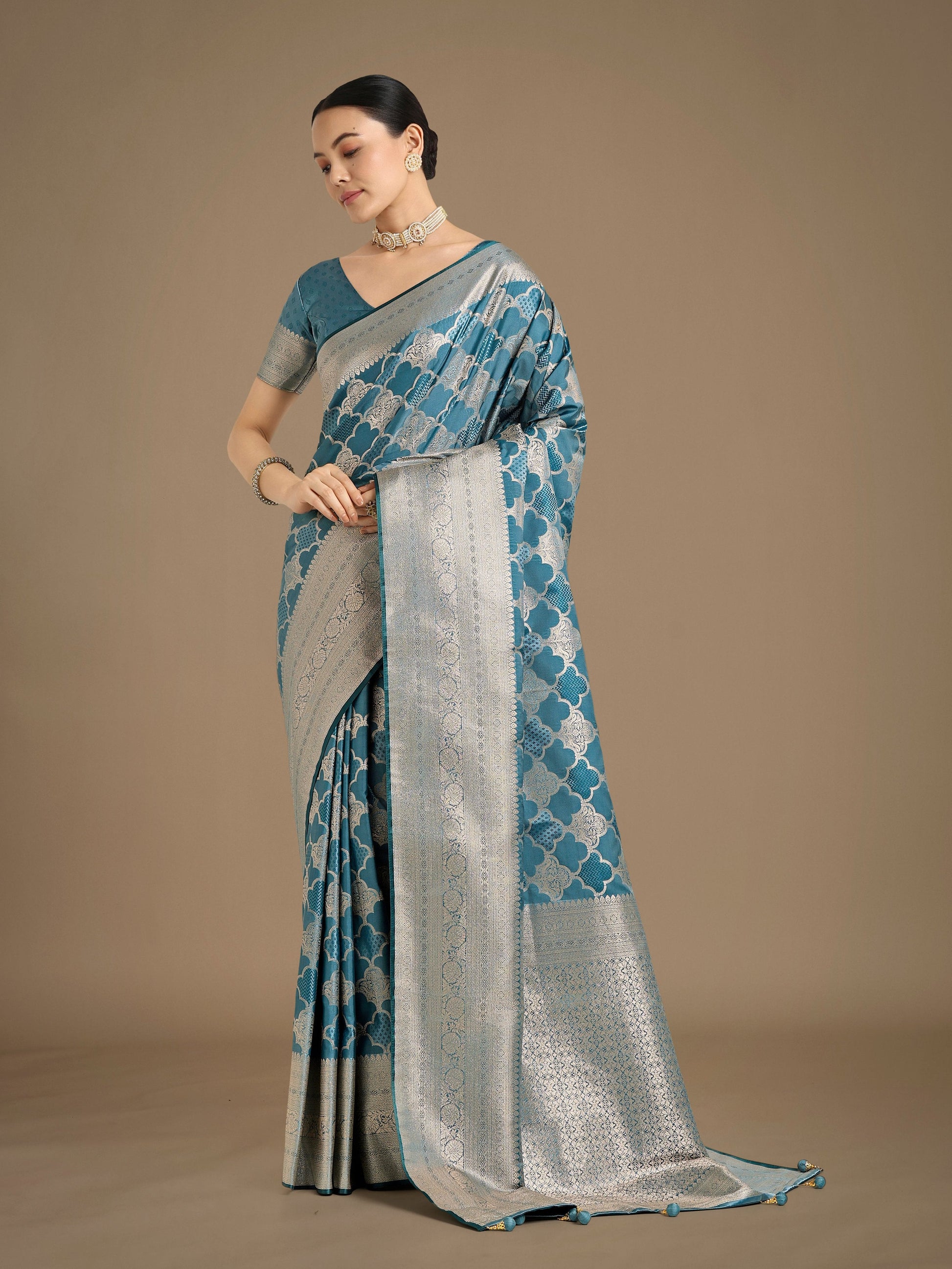 Monjolika Fashion Cyan blue Banarasi Satin Silk Saree with Rich Zari Woven Pallu & Blouse Piece | Swadesiicart