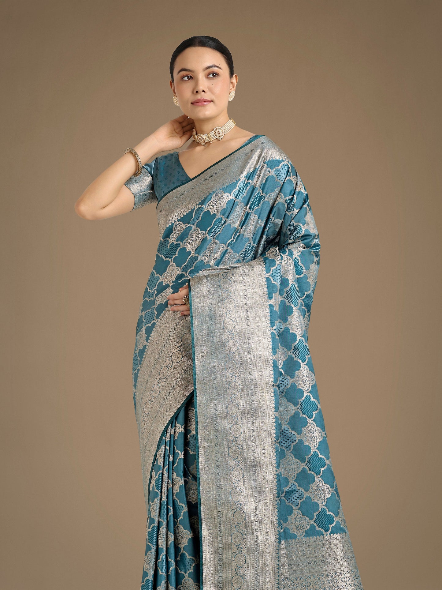 Monjolika Fashion Cyan blue Banarasi Satin Silk Saree with Rich Zari Woven Pallu & Blouse Piece | Swadesiicart