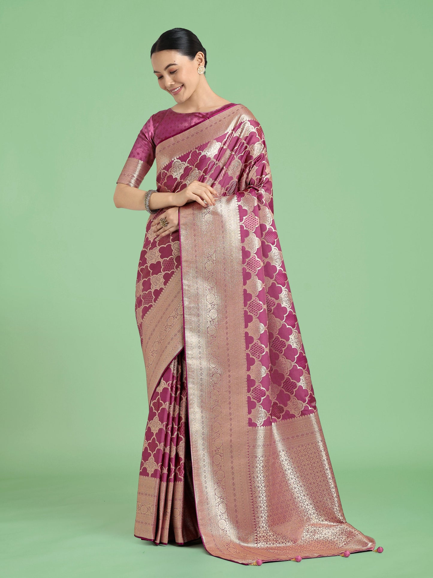 Monjolika Fashion Rose Pink Banarasi Satin Silk Saree with Rich Zari Woven Pallu & Blouse Piece | Swadesiicart