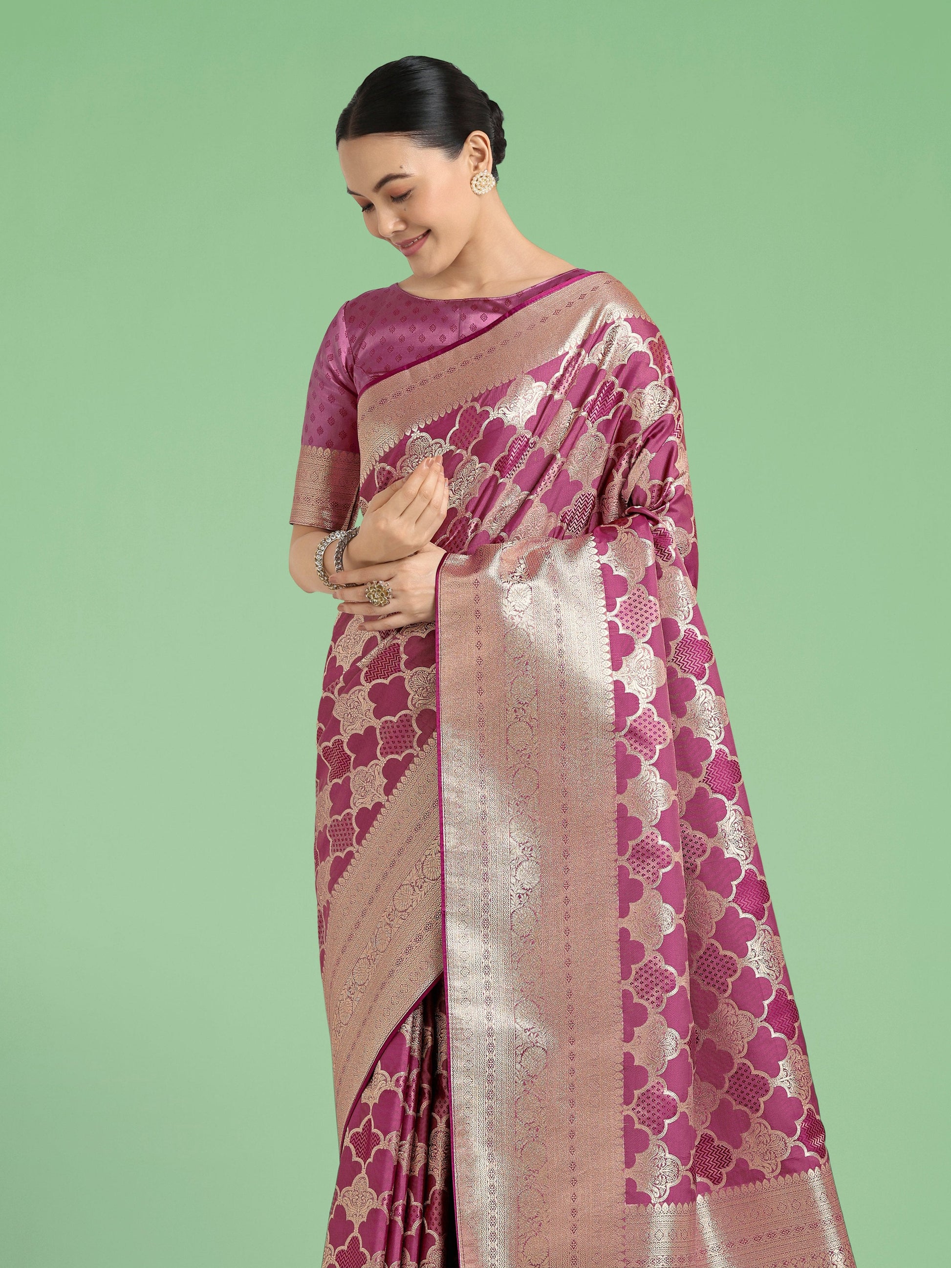 Monjolika Fashion Rose Pink Banarasi Satin Silk Saree with Rich Zari Woven Pallu & Blouse Piece | Swadesiicart