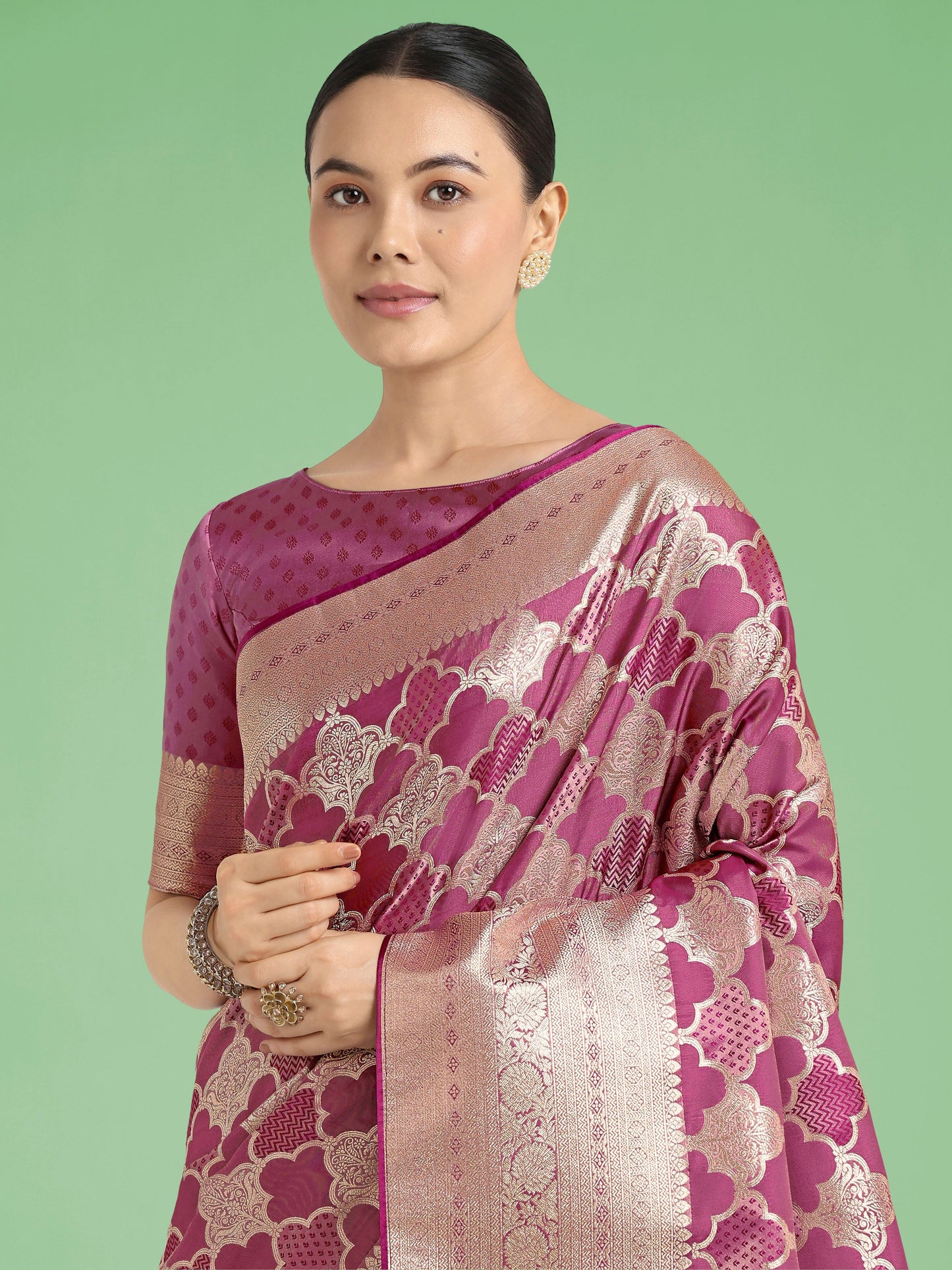 Monjolika Fashion Rose Pink Banarasi Satin Silk Saree with Rich Zari Woven Pallu & Blouse Piece | Swadesiicart