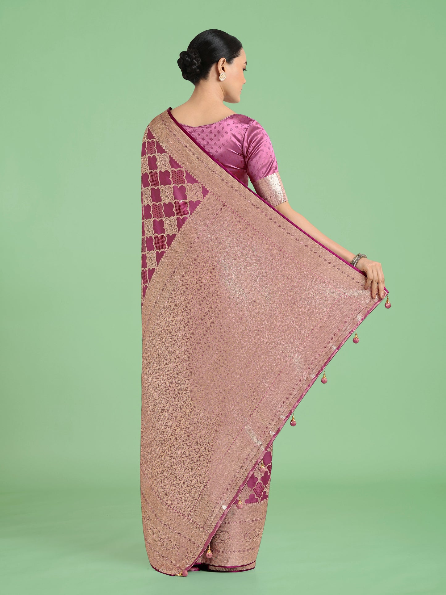 Monjolika Fashion Rose Pink Banarasi Satin Silk Saree with Rich Zari Woven Pallu & Blouse Piece | Swadesiicart