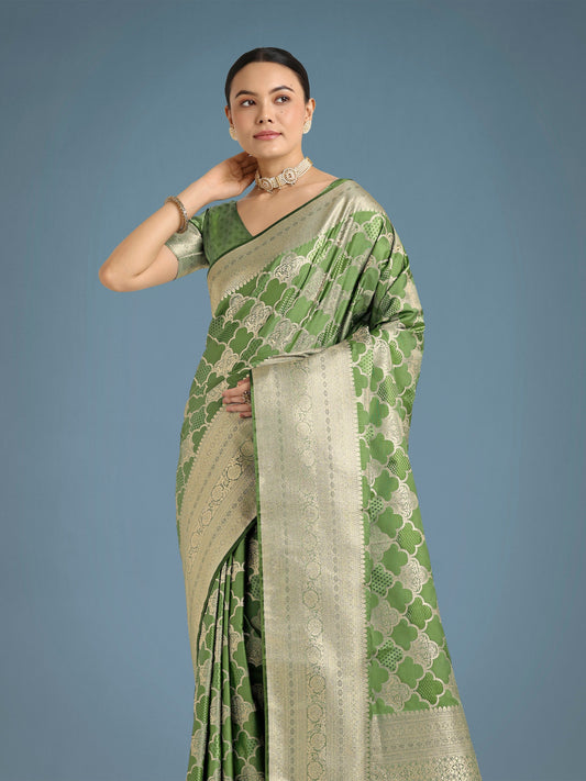 Monjolika Fashion Green Banarasi Satin Silk Saree with Rich Zari Woven Pallu & Blouse Piece | Swadesiicart