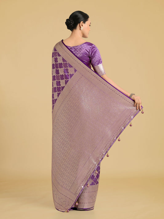 Monjolika Fashion Purple Banarasi Satin Silk Saree with Rich Zari Woven Pallu & Blouse Piece | Swadesiicart