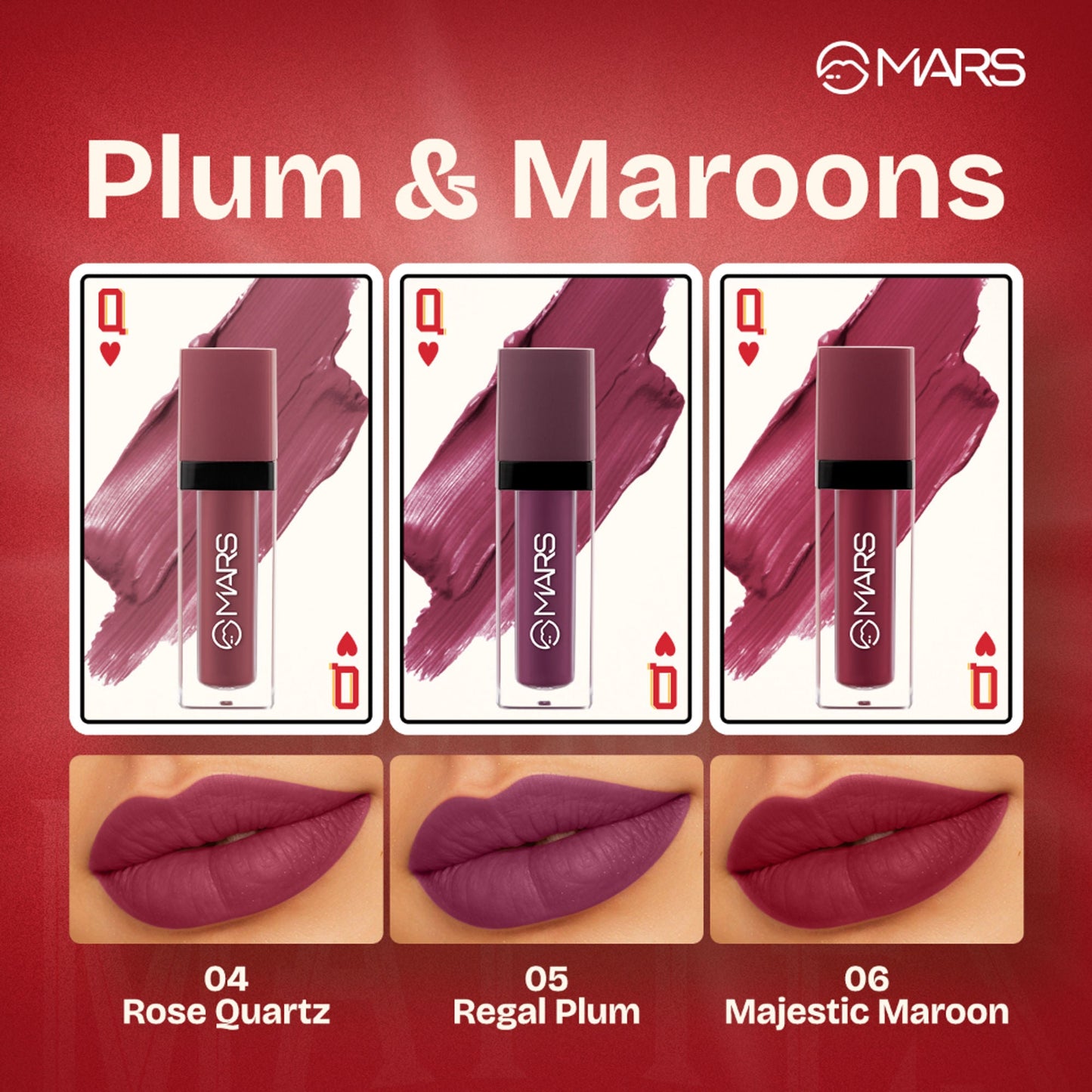MARS Cosmetics Queen Of Mattes Reds & Maroons Liquid Lipsticks - Plums Maroons - Swadesiicart