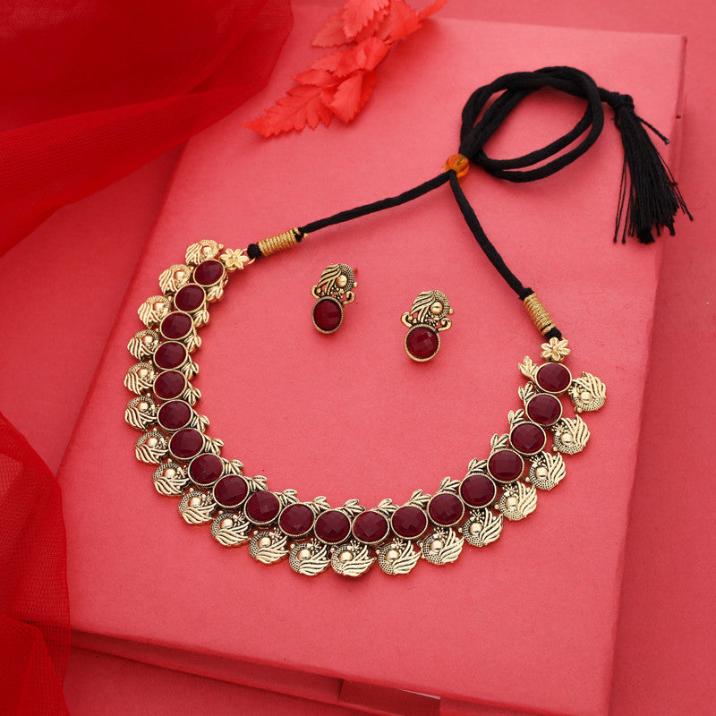 Tehzeeb Creations Maroon Colour Gold-Polished Stone Jewellery Choker Necklace Set With Matching Pair of Stud Earrings - Swadesiicart