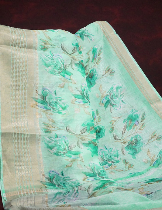 Shades of Mint Green Colour Printed Semi Chanderi Saree By Gayathri Reddy Designer Studio | Swadesiicart