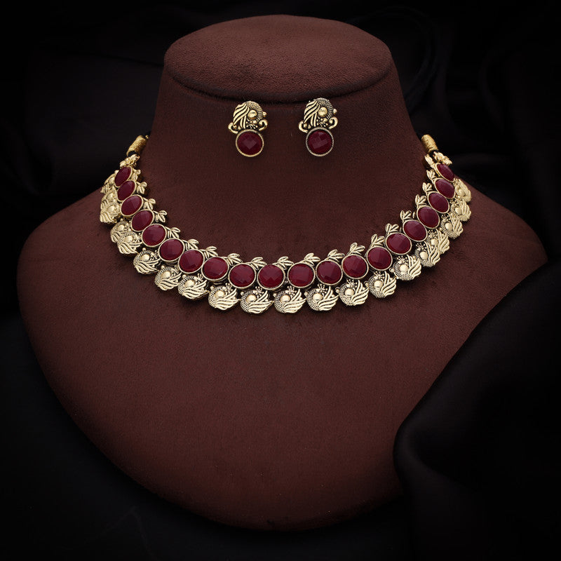 Tehzeeb Creations Maroon Colour Gold-Polished Stone Jewellery Choker Necklace Set With Matching Pair of Stud Earrings - Swadesiicart