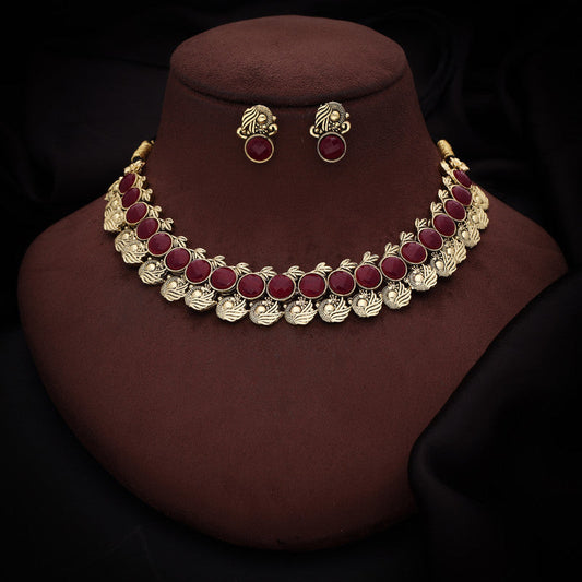Tehzeeb Creations Maroon Colour Gold-Polished Stone Jewellery Choker Necklace Set With Matching Pair of Stud Earrings - Swadesiicart
