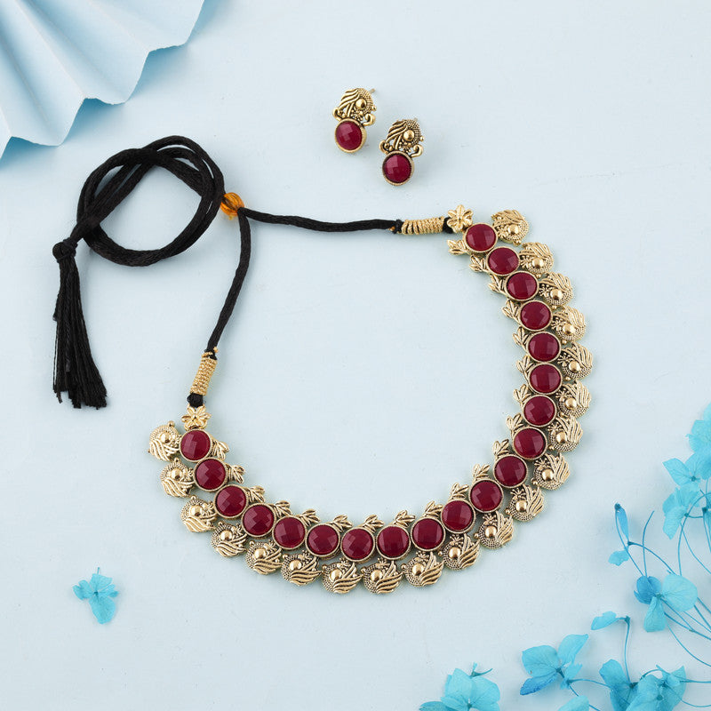 Tehzeeb Creations Maroon Colour Gold-Polished Stone Jewellery Choker Necklace Set With Matching Pair of Stud Earrings - Swadesiicart