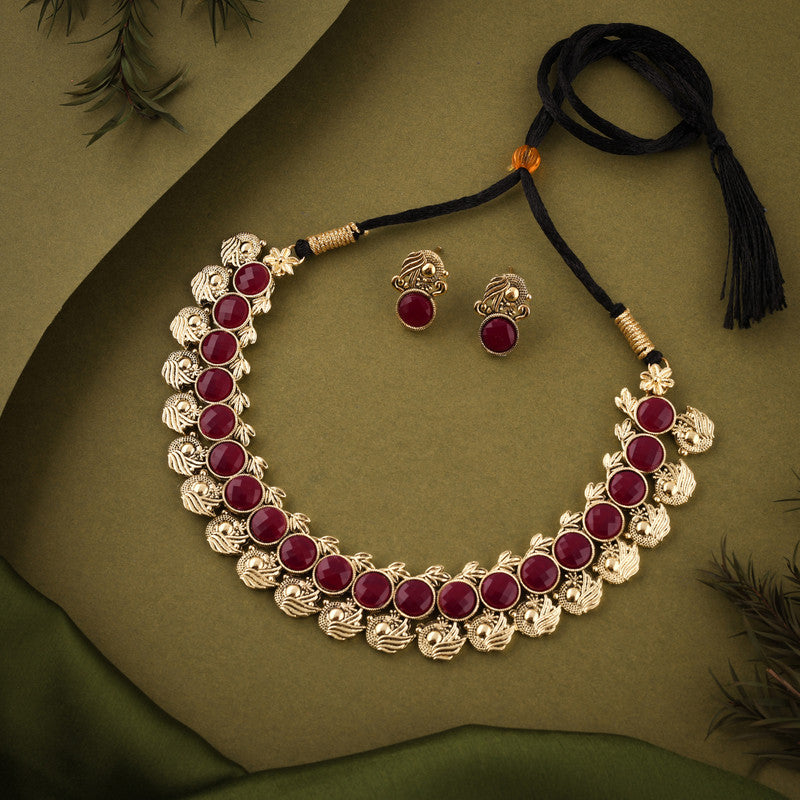 Tehzeeb Creations Maroon Colour Gold-Polished Stone Jewellery Choker Necklace Set With Matching Pair of Stud Earrings - Swadesiicart