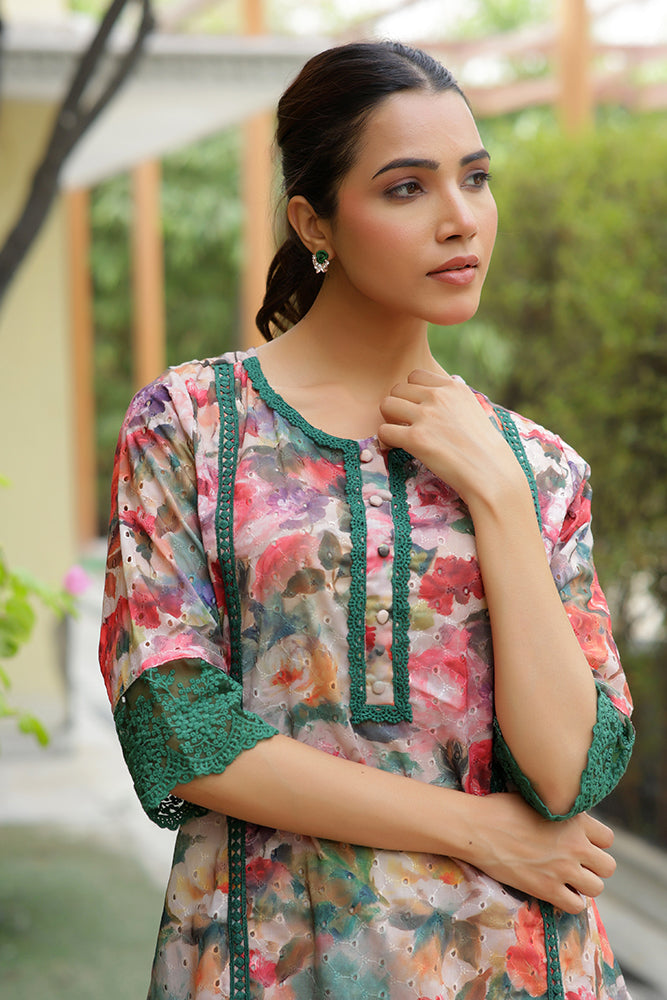 Vaasva Women Beige Embroidered Printed Kurta Set With Laced Solid Pants | Swadesiicart